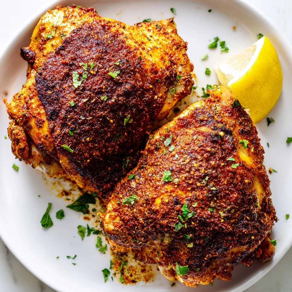 Juicy oven baked chicken thighs garnished with fresh parsley and bright lemon wedges