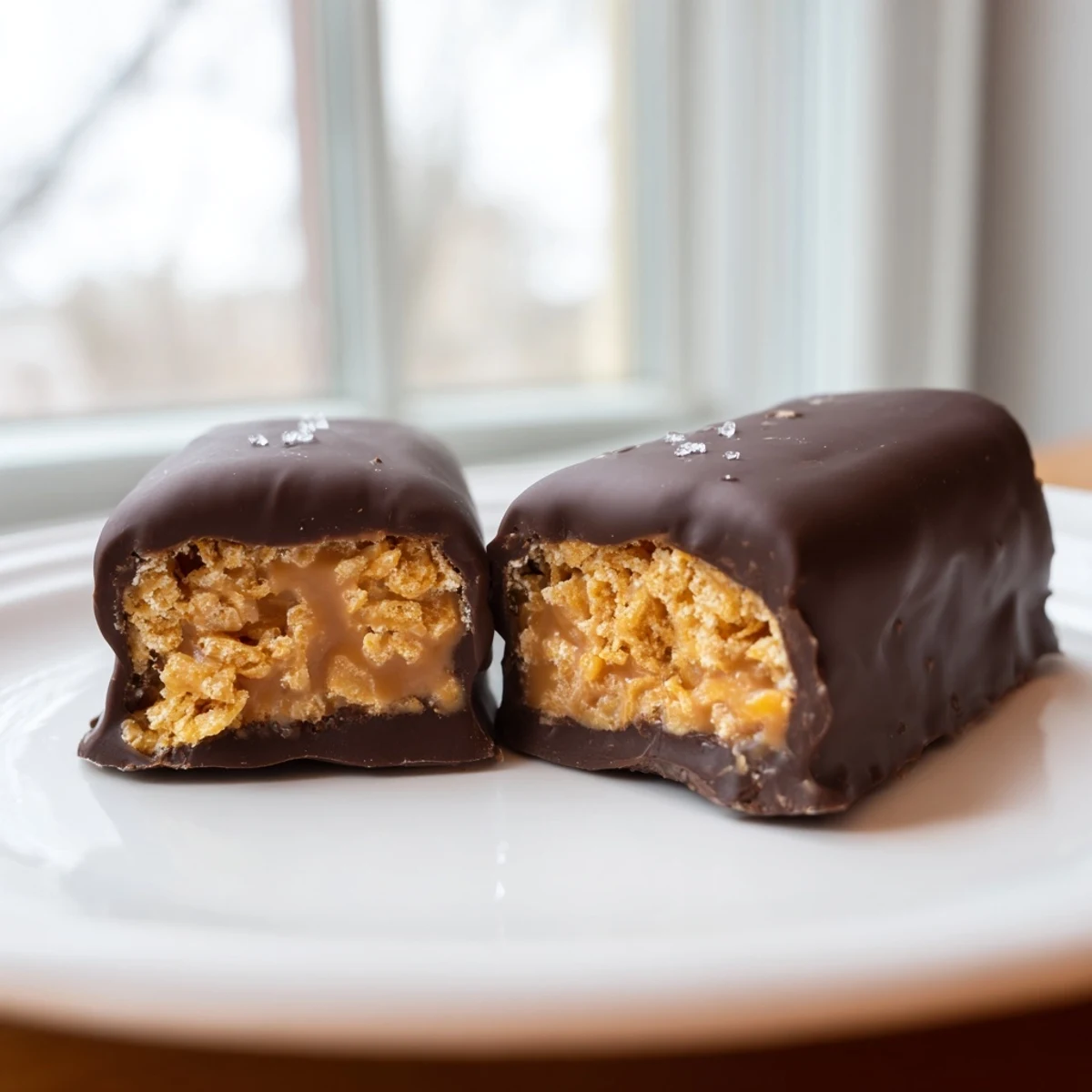 Crunchy healthy homemade Butterfingers dipped in glossy dark chocolate on parchment paper