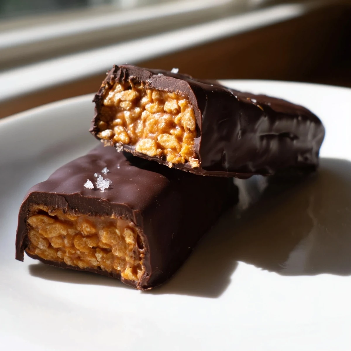 Golden peanut butter and corn flake bars coated in rich dark chocolate