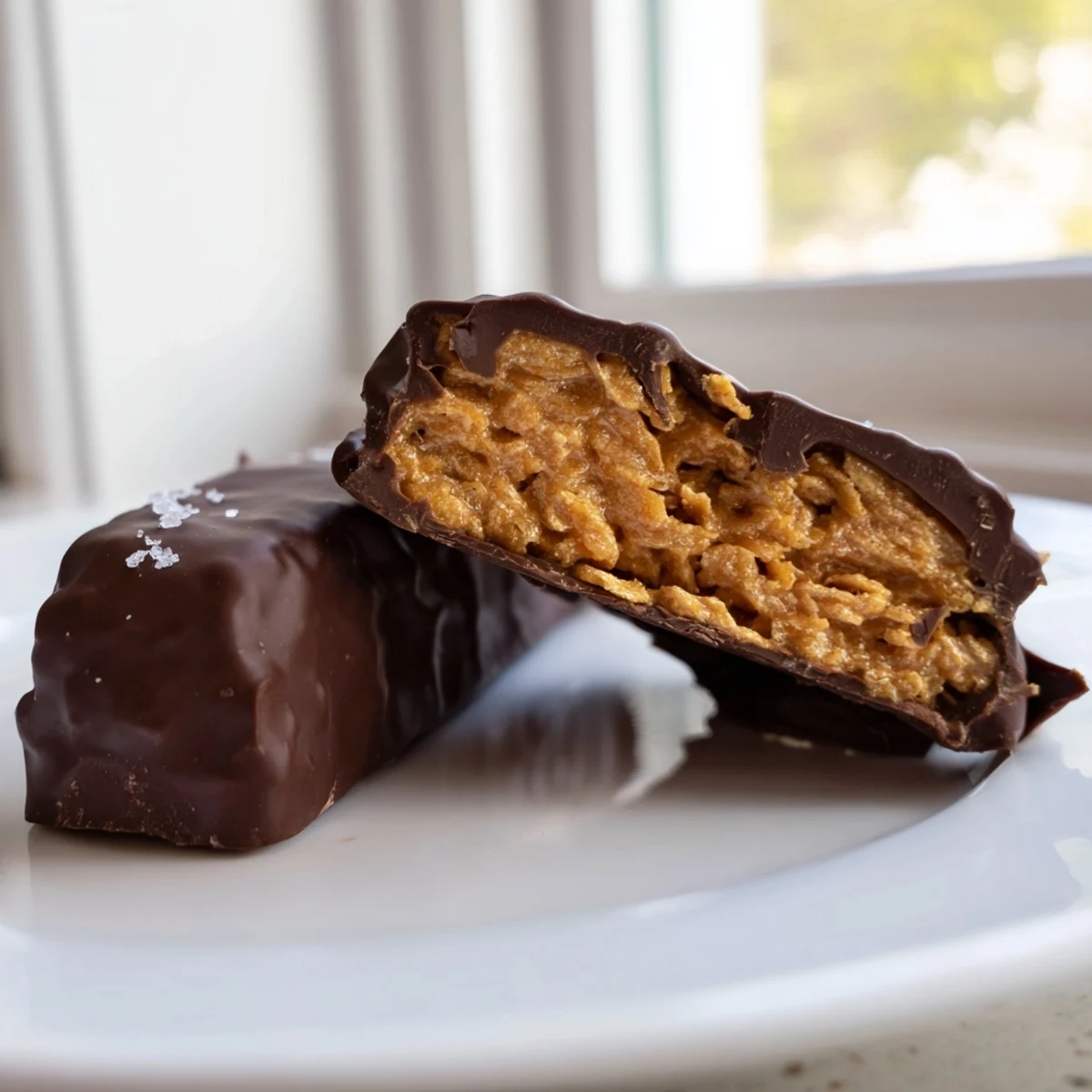 Chocolate-dipped healthy homemade Butterfingers with a crispy peanut butter center stacked together