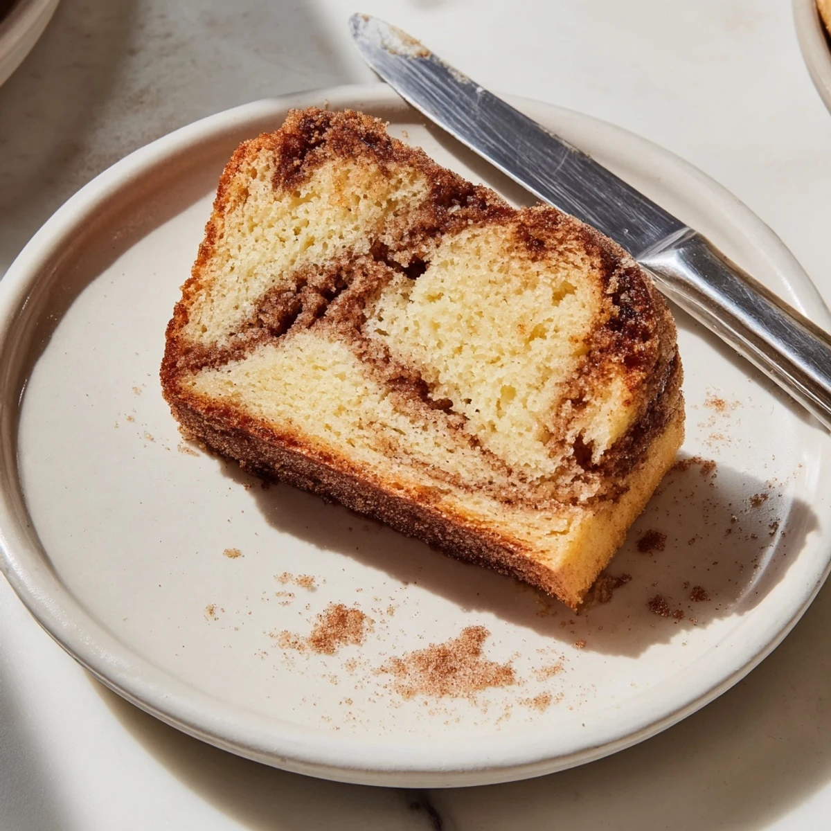 Warm cinnamon donut loaf sliced thick with a golden cinnamon sugar crust on top
