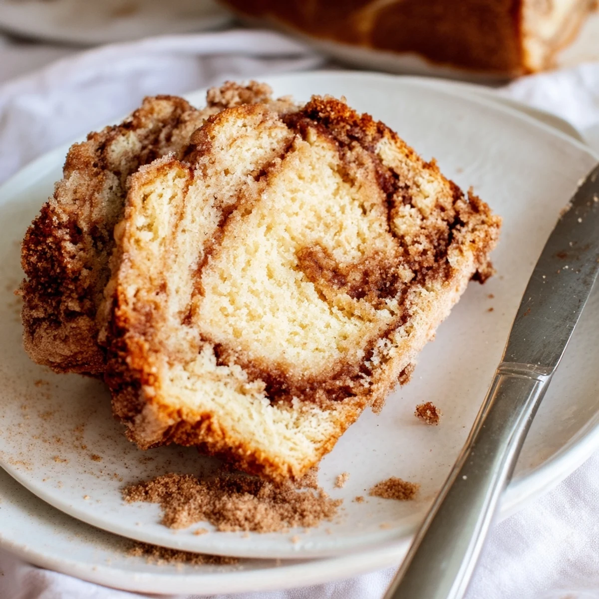 Moist cinnamon donut loaf revealing a sweet swirled cinnamon sugar center when cut