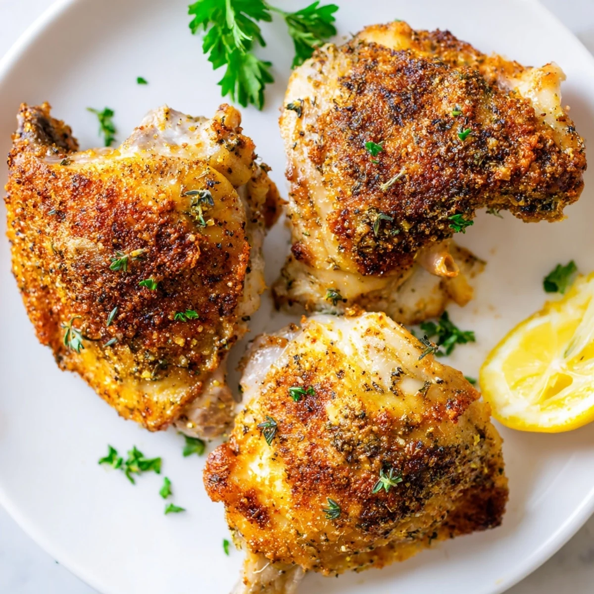 Golden crispy oven baked chicken thighs with herbs served on a rustic baking sheet