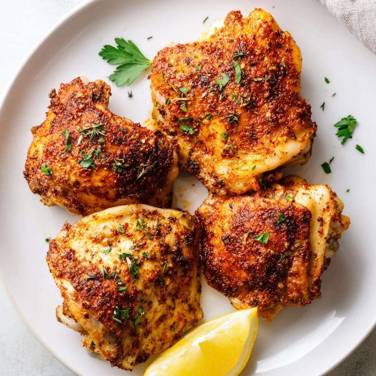 Juicy oven baked chicken thighs garnished with fresh parsley and bright lemon wedges
