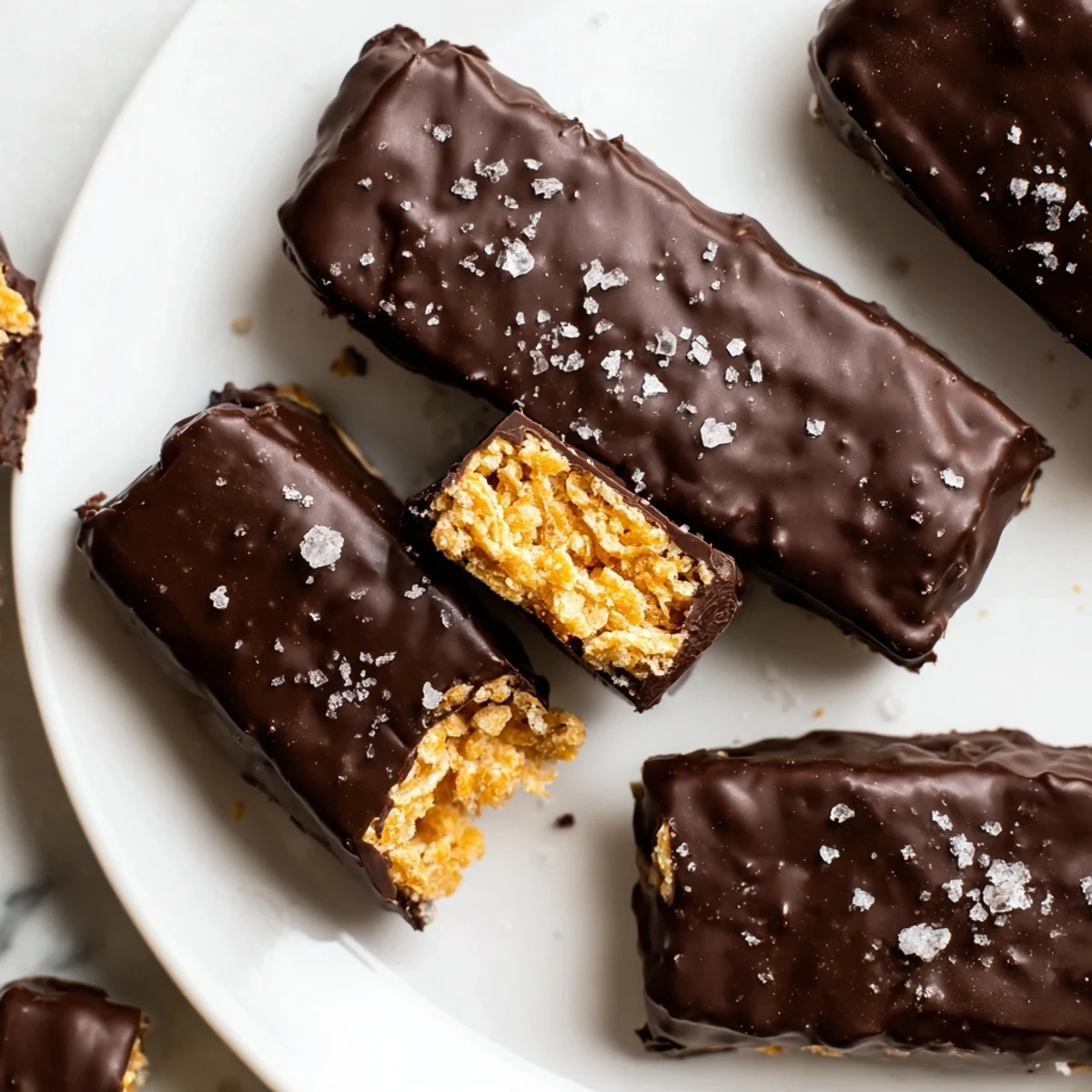 Homemade Butterfingers bars dipped in glossy dark chocolate on a parchment-lined tray
