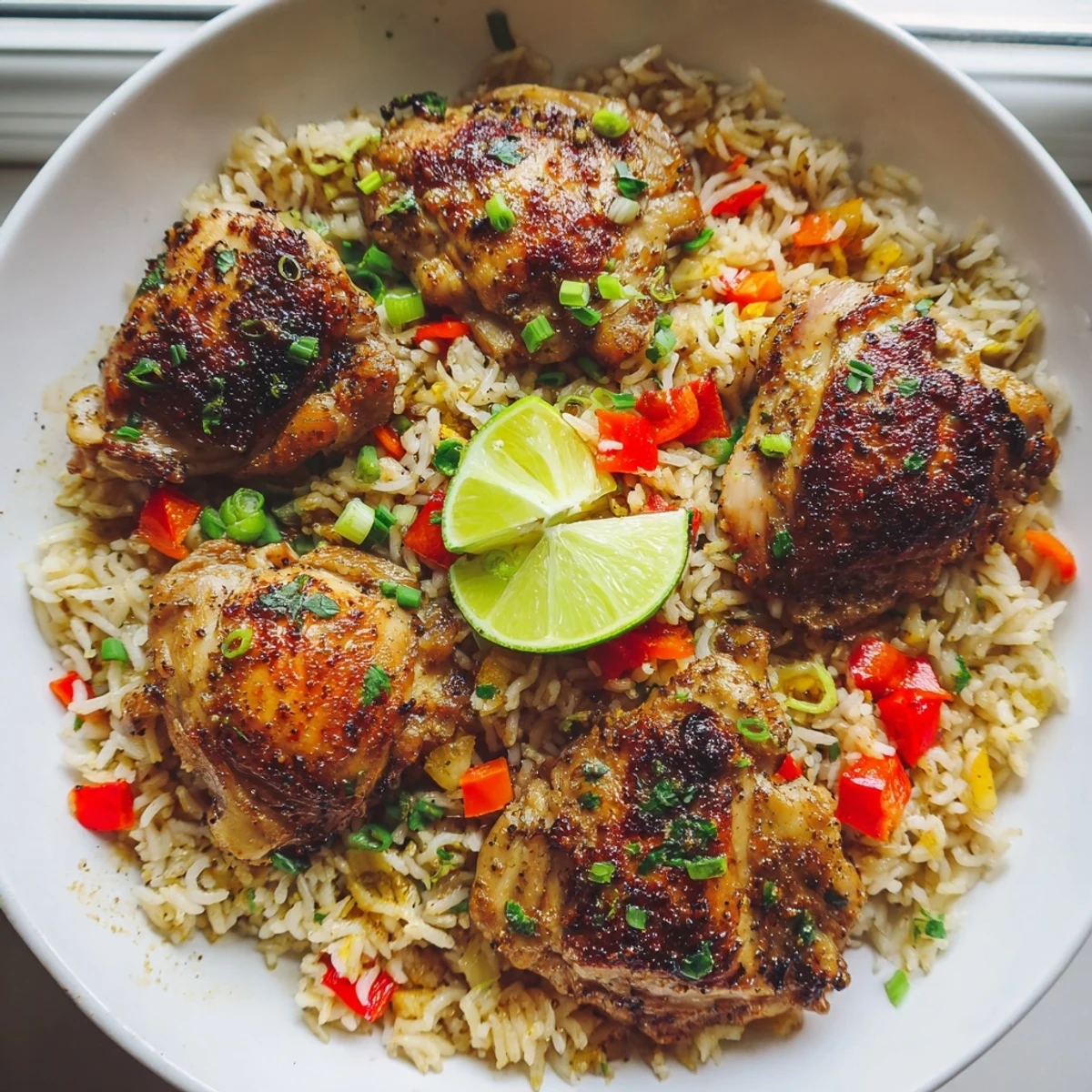 Golden jerk-spiced chicken thighs nestled in fragrant coconut rice with colorful bell peppers and fresh herbs