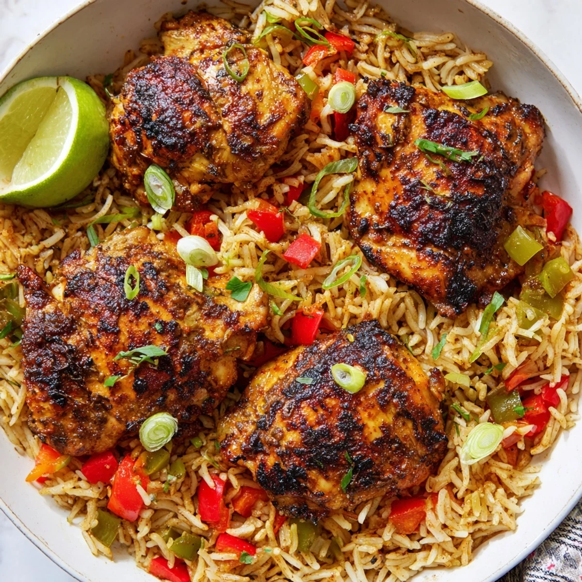 Tender Caribbean jerk chicken served over seasoned rice with a garnish of cilantro and lime