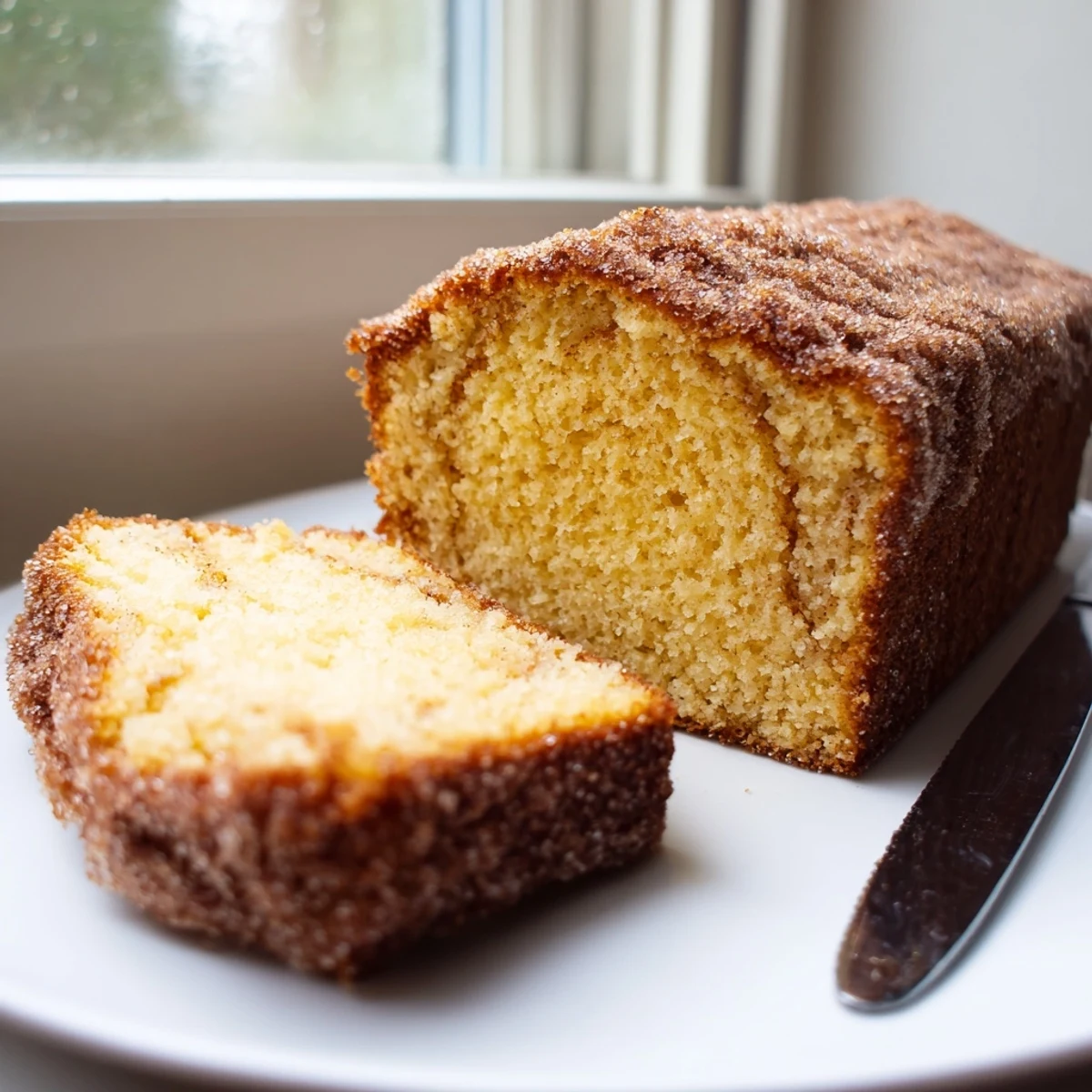 Warm cinnamon donut loaf sliced thick with a golden cinnamon-sugar crust on a rustic cutting board