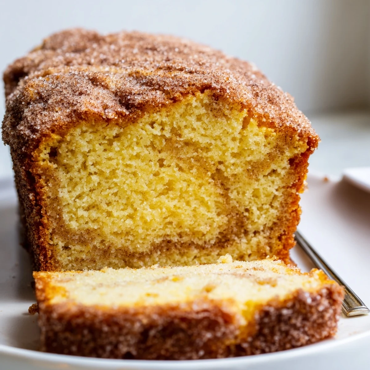 Moist cinnamon donut loaf crowned with sparkling cinnamon sugar, served alongside a steaming mug of coffee
