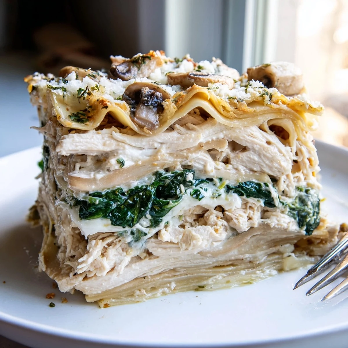 Golden bubbling white chicken lasagna with melted mozzarella and fresh spinach layers