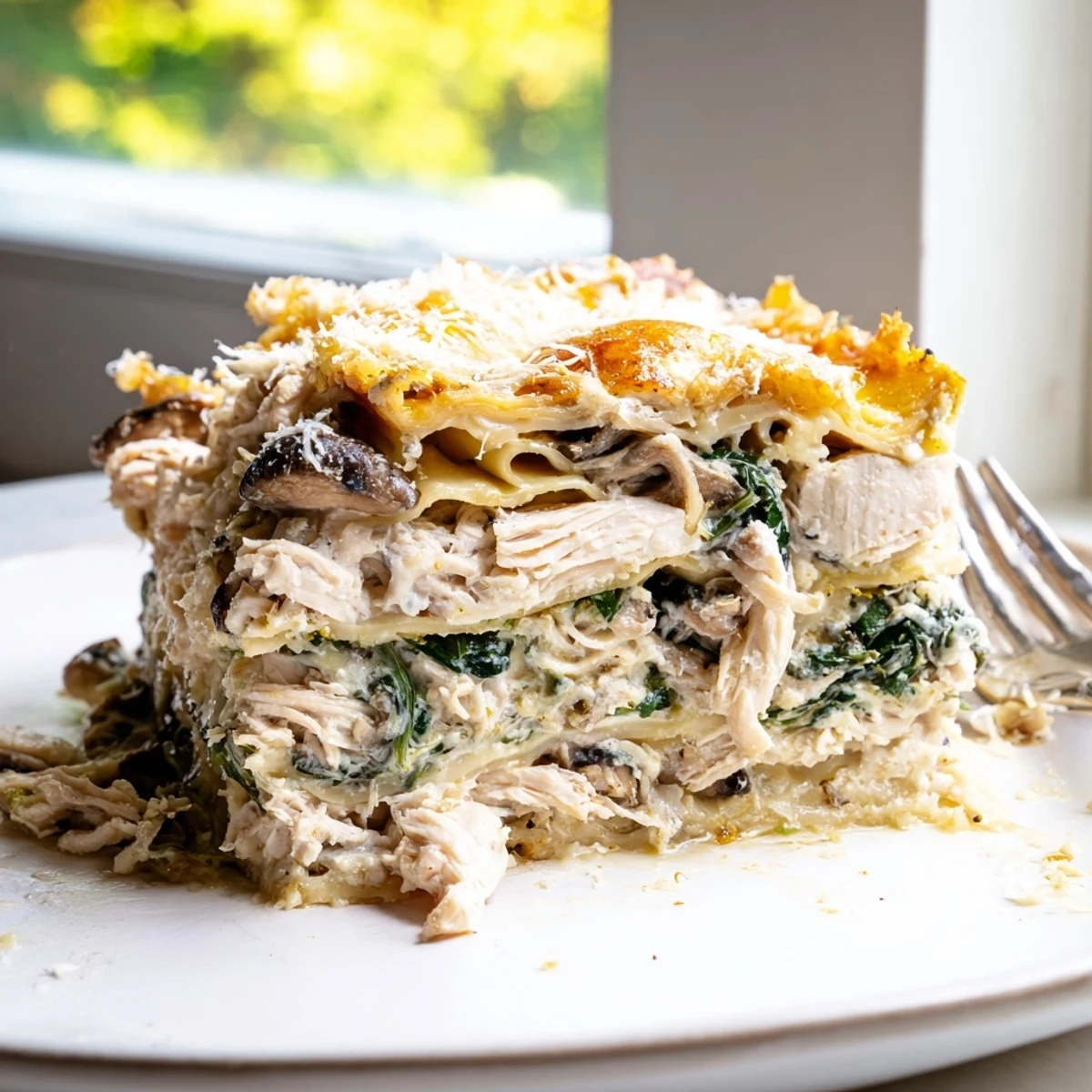 Creamy white chicken lasagna sliced to reveal tender chicken and gooey cheese layers