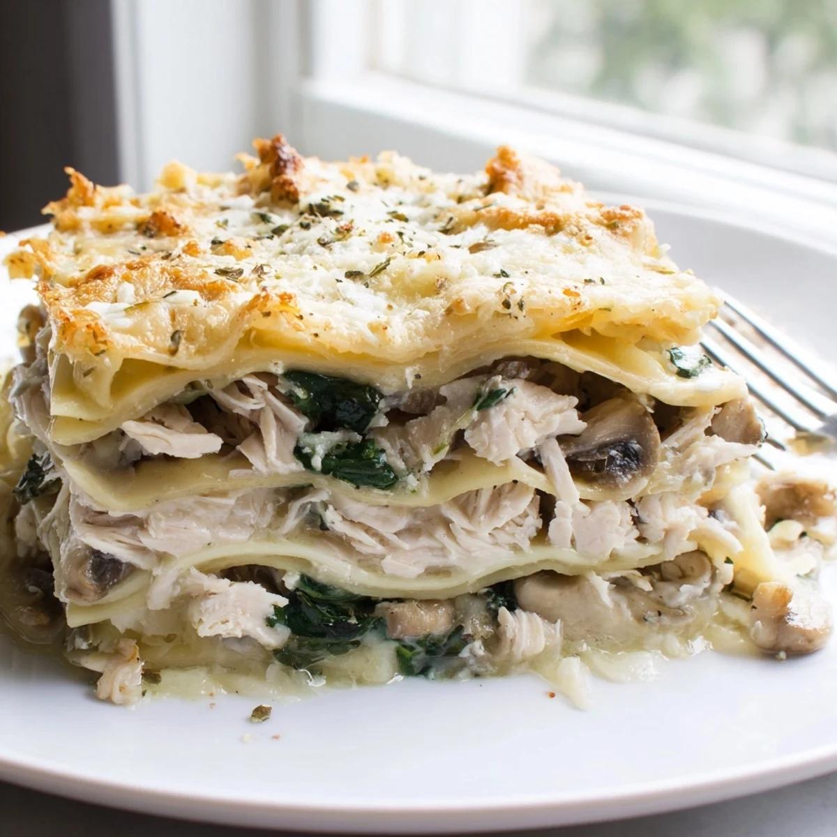 White chicken lasagna topped with crispy Parmesan and served on a rustic ceramic plate