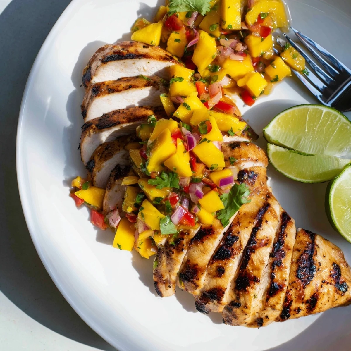 Golden grilled honey lime chicken topped with vibrant mango salsa on a white plate