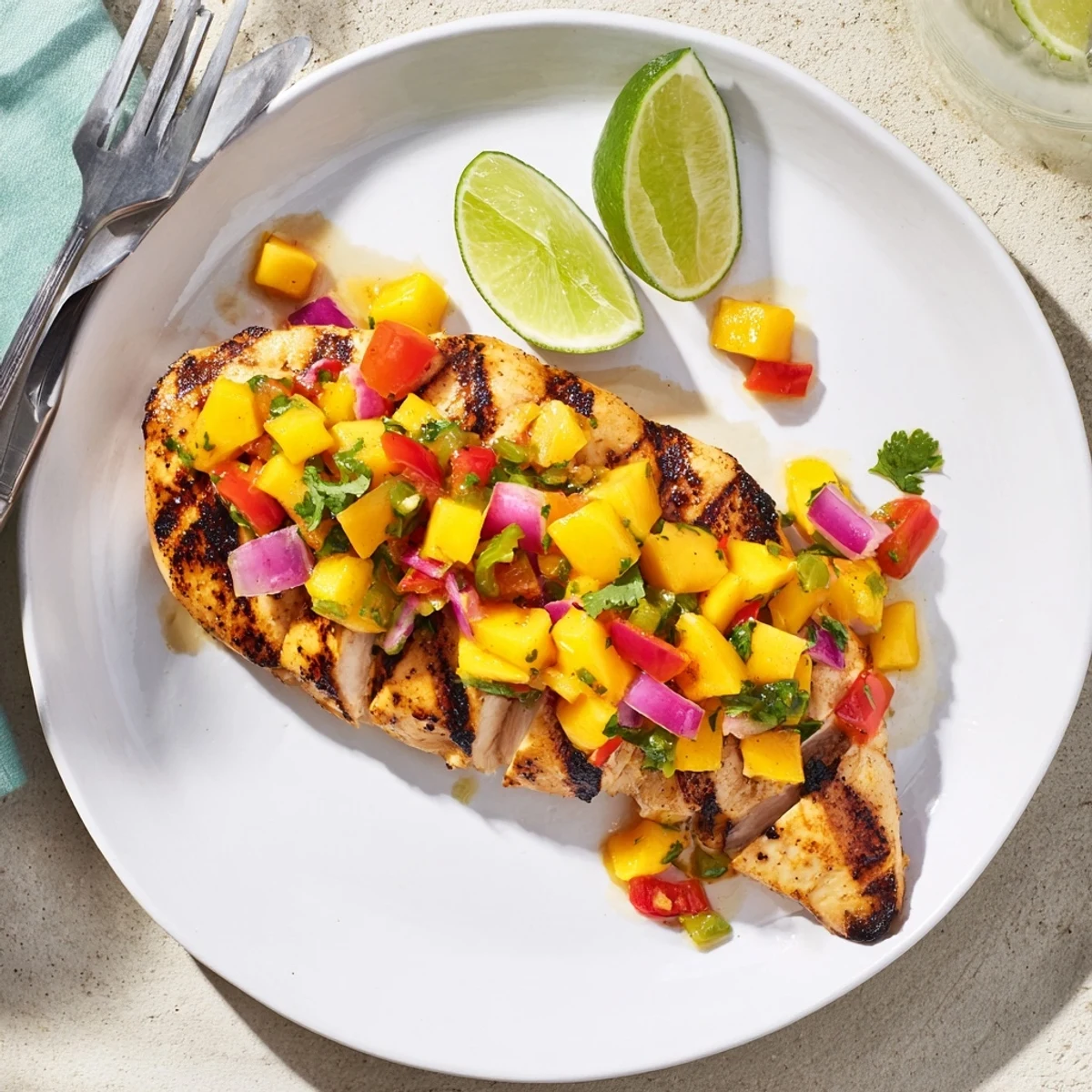 Caramelized honey lime chicken breasts served with fresh mango salsa and lime wedges outdoors
