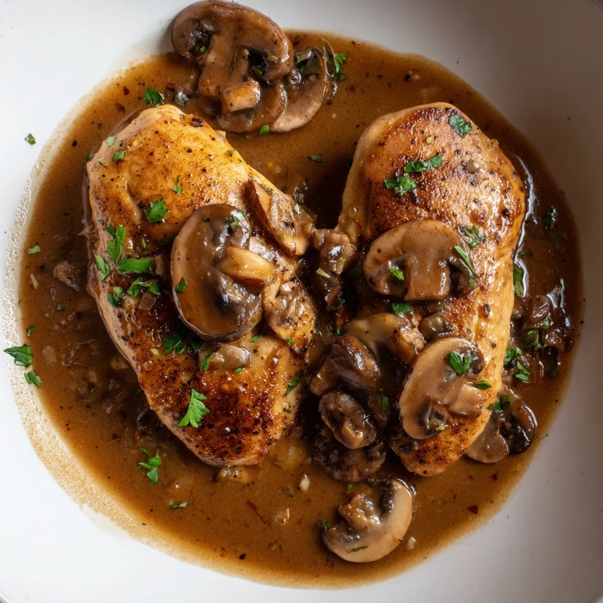 Golden seared chicken breasts nestled in a rich, glossy dairy free one pan chicken marsala mushroom sauce.