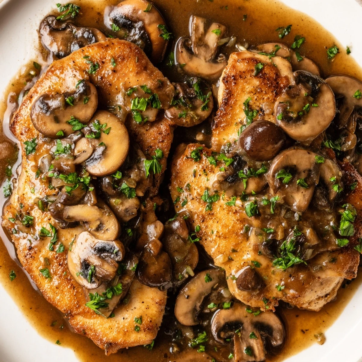 Creamy-looking dairy free one pan chicken marsala with caramelized cremini mushrooms and fresh parsley garnish.