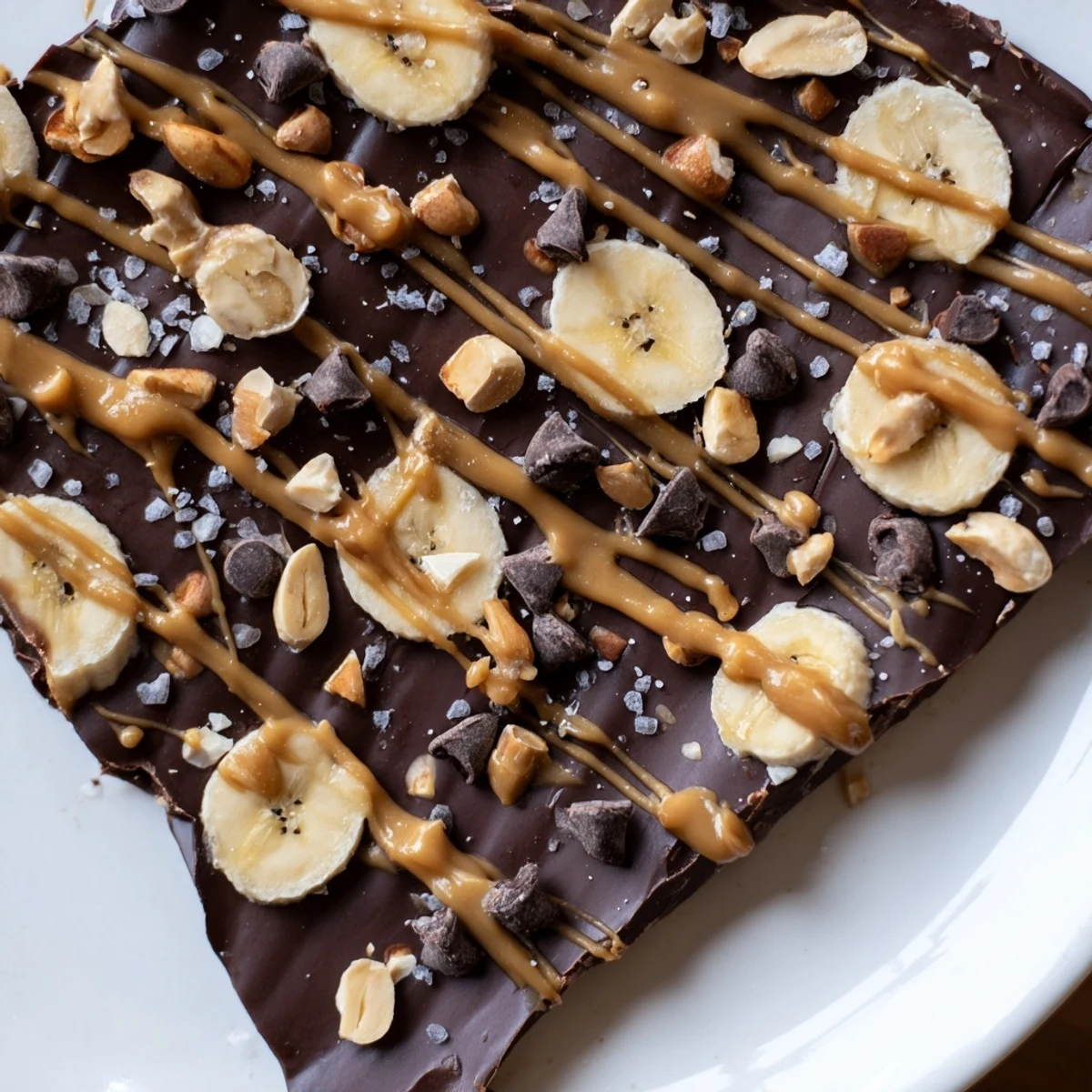 Crunchy chocolate banana bark broken into rustic shards on parchment paper