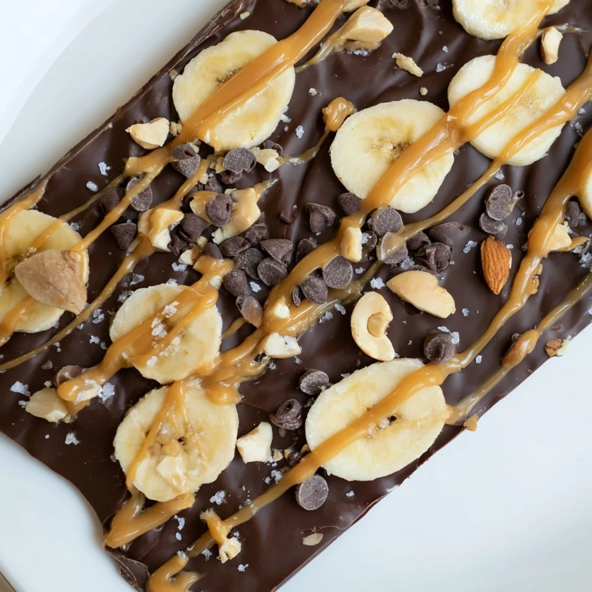 Creamy dark chocolate blankets ripe banana slices in this frozen chocolate banana bark