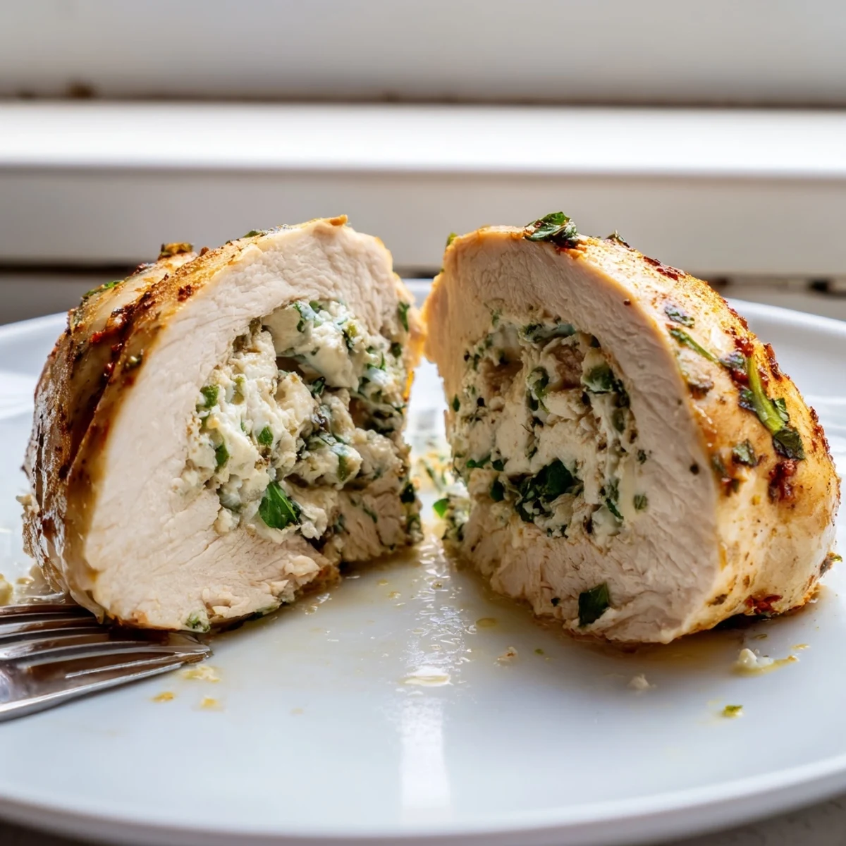 Golden baked goat cheese chicken with melted herb filling spilling from each juicy breast