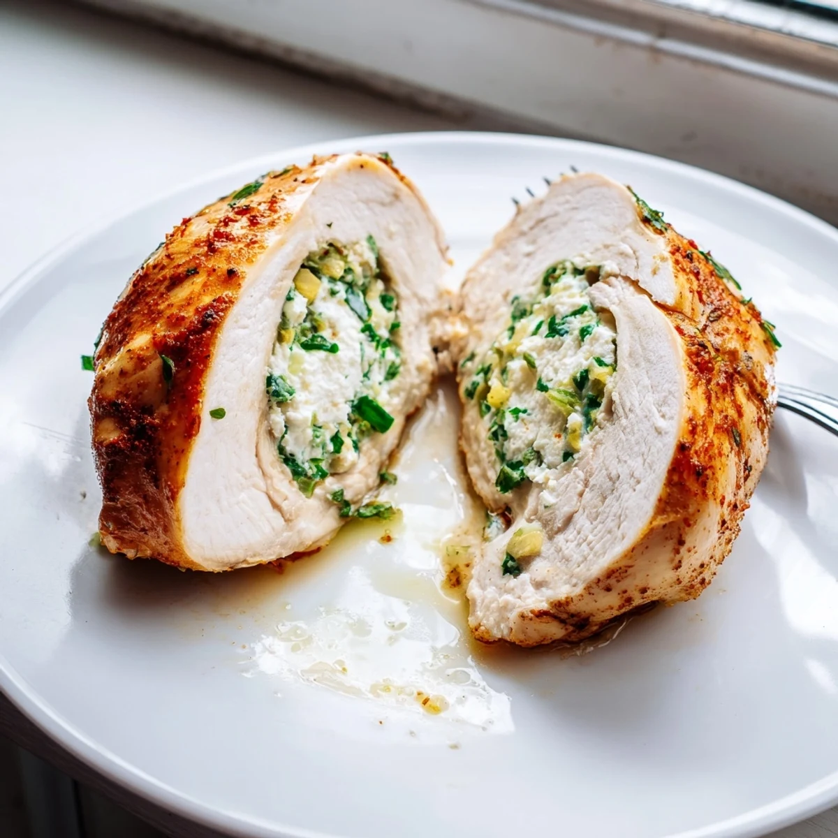 Creamy goat cheese chicken arranged on a white plate alongside fresh salad greens
