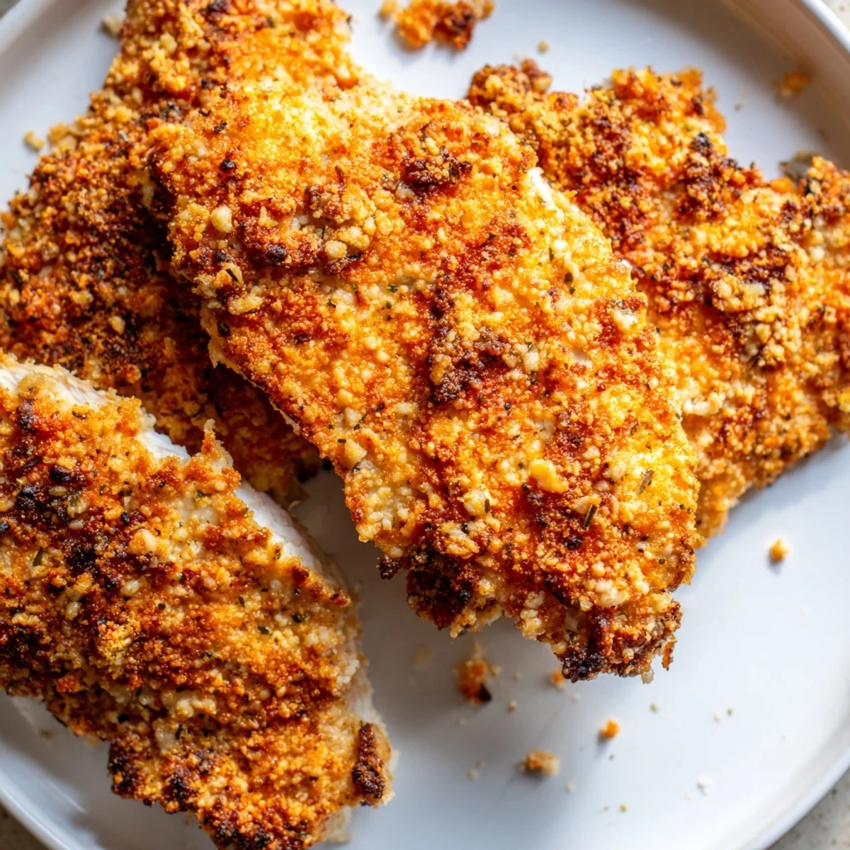 Crispy baked paprika Parmesan chicken garnished with fresh parsley and bright lemon wedges