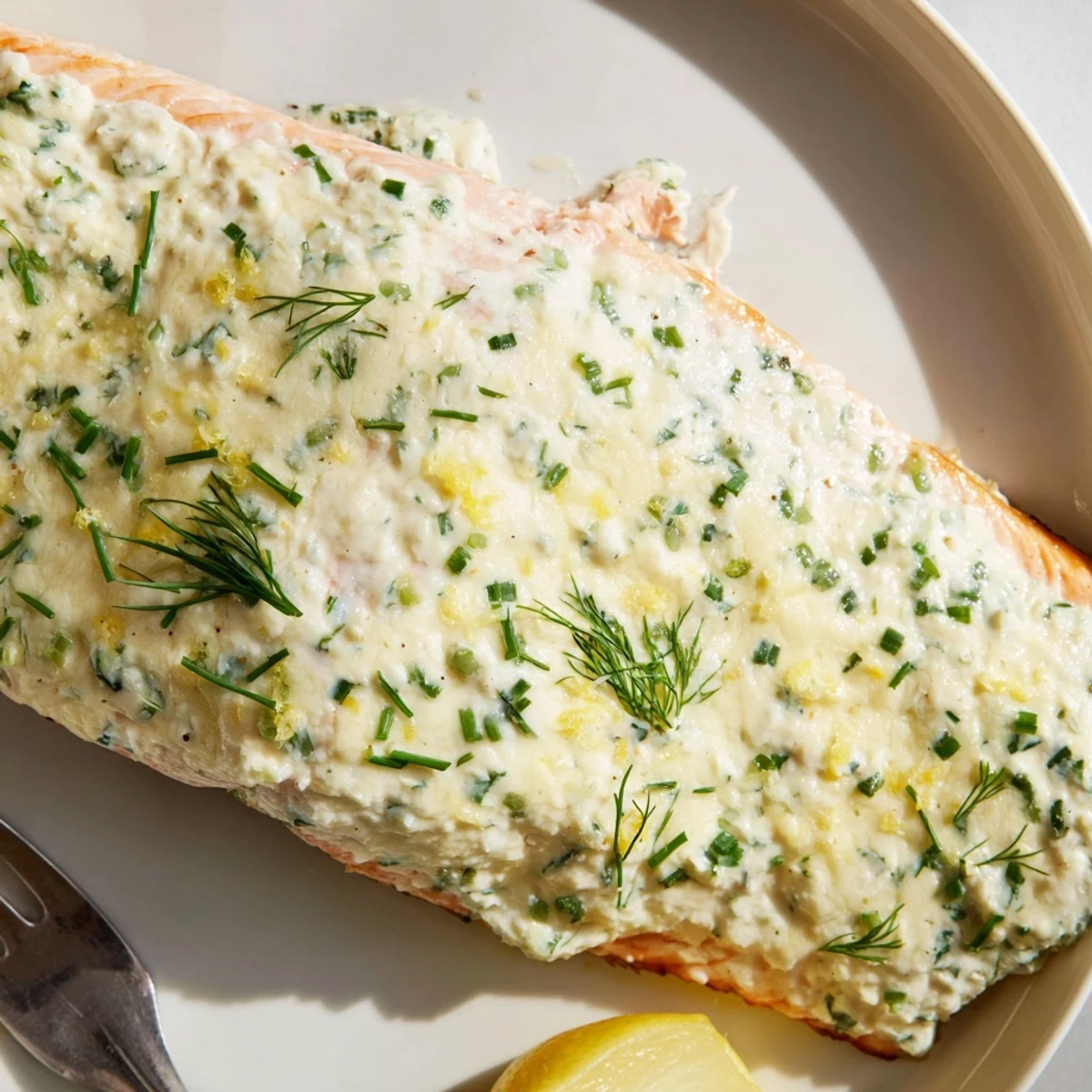 Creamy Boursin salmon fillets baked golden with fresh herbs and lemon wedges