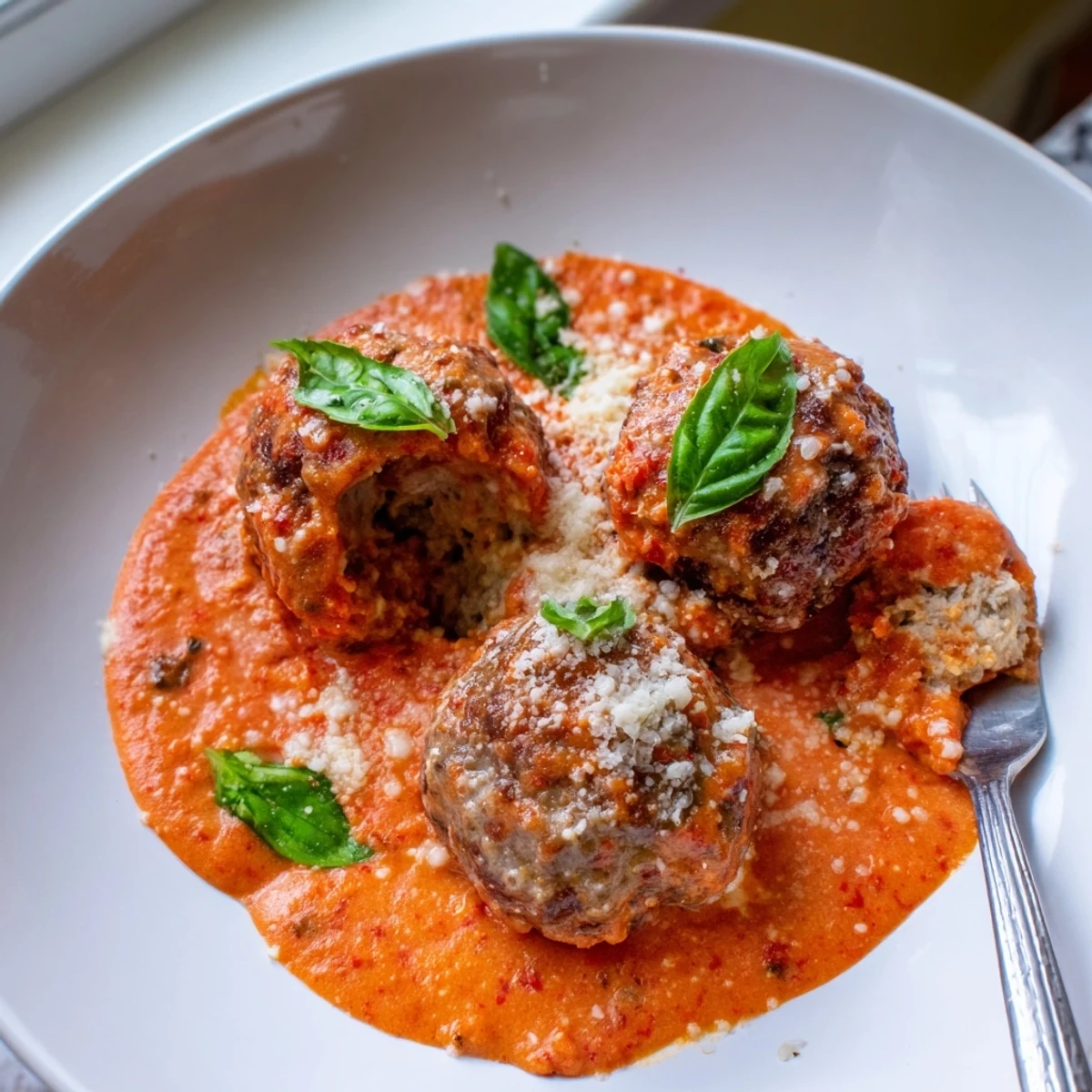 Steaming skillet of creamy tomato basil meatballs coated in a luscious, herb-flecked tomato cream sauce