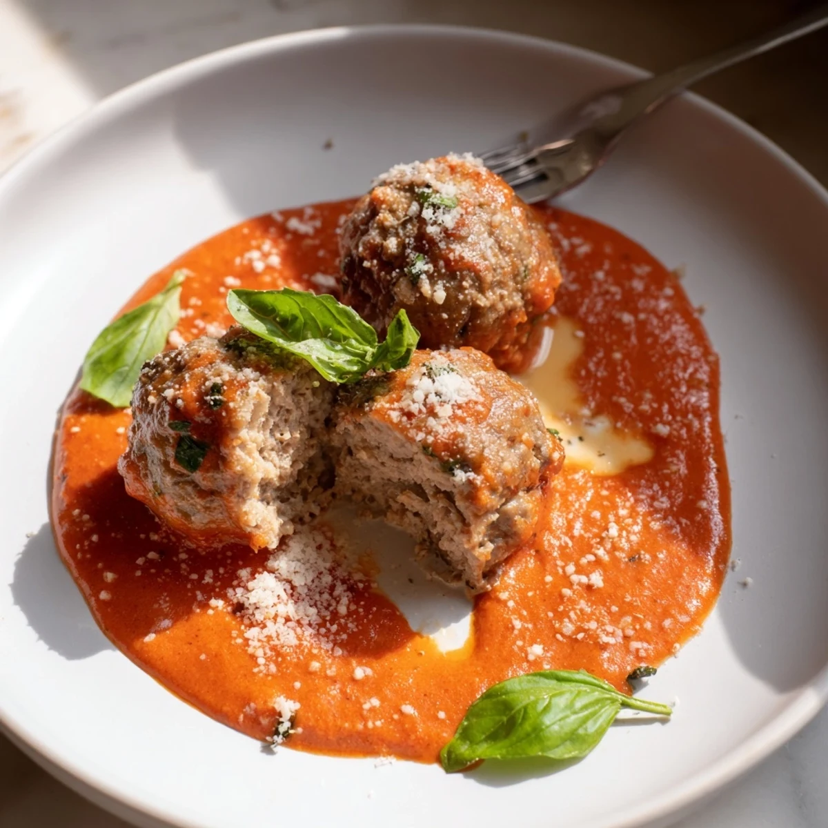 Golden creamy tomato basil meatballs glistening in a velvety red sauce with fresh herb garnish