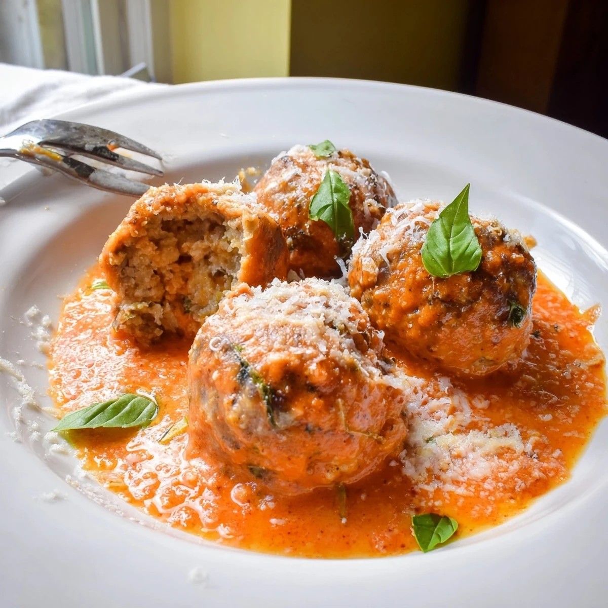 Tender creamy tomato basil meatballs nestled in a rich, bubbly sauce topped with Parmesan