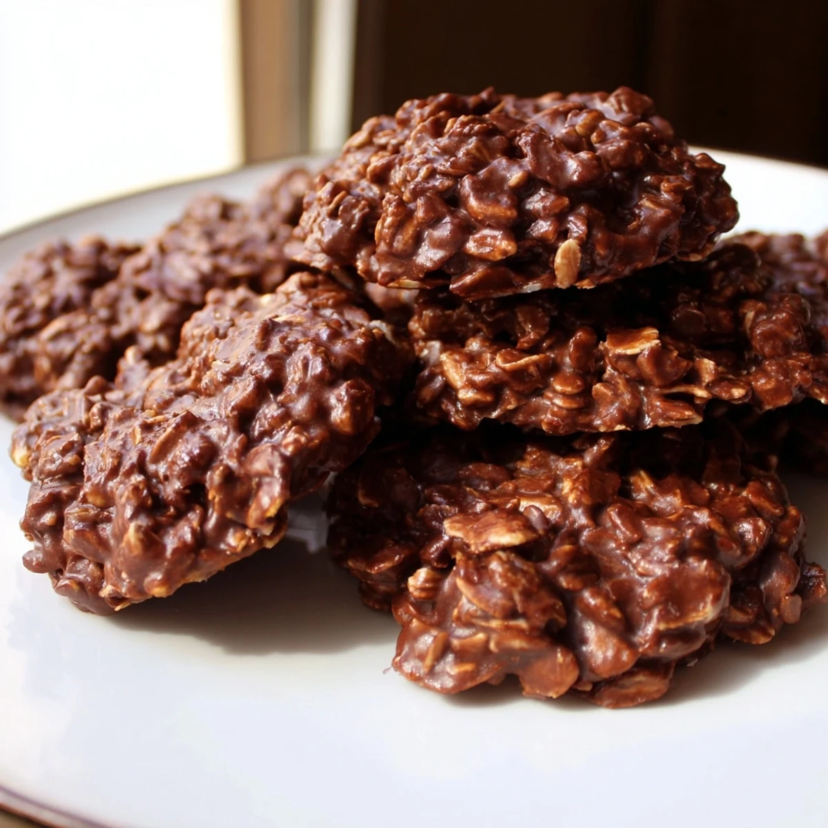 Chewy chocolate oatmeal no bake cookies with swirls of peanut butter cooling on a sheet