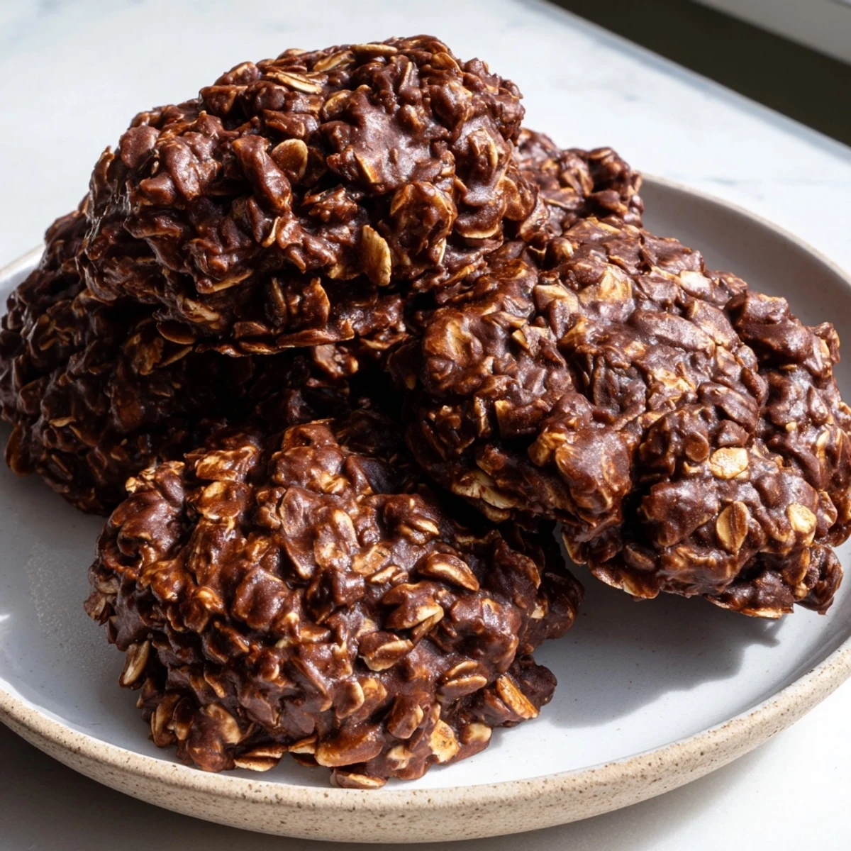 Fudgy chocolate oatmeal no bake cookies piled on parchment paper, glossy and rich