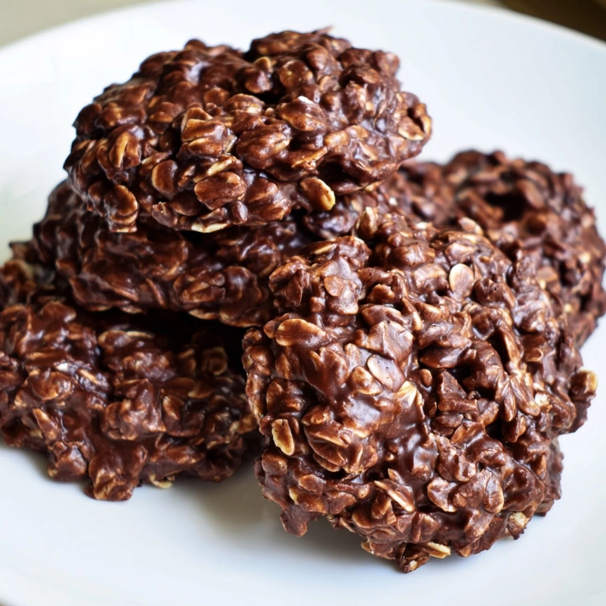 Rustic chocolate oatmeal no bake cookies studded with hearty oats on a rustic baking sheet