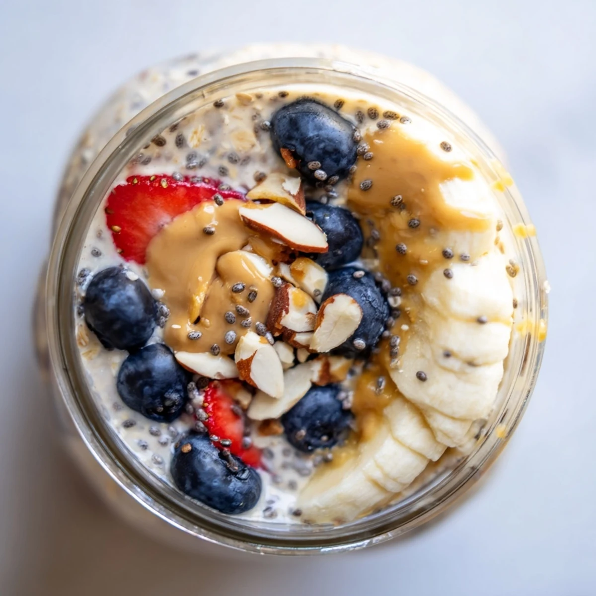 A spoon scoops into rich protein overnight oats topped with nut butter