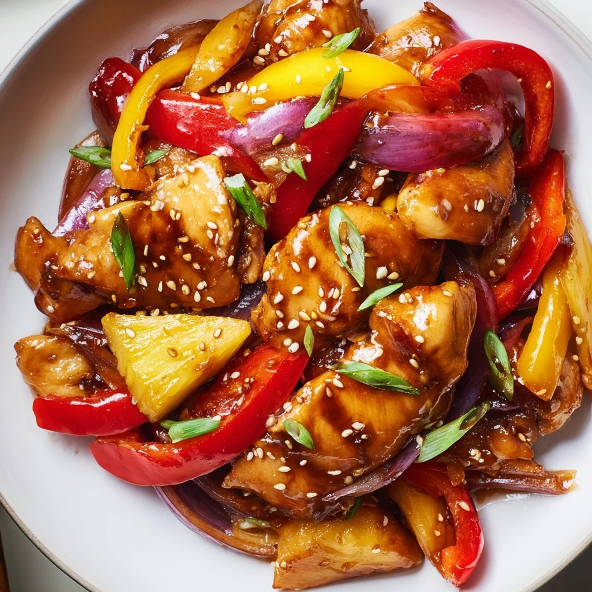 Golden Hawaiian chicken glazed in sticky pineapple soy sauce with sautéed bell peppers and onions