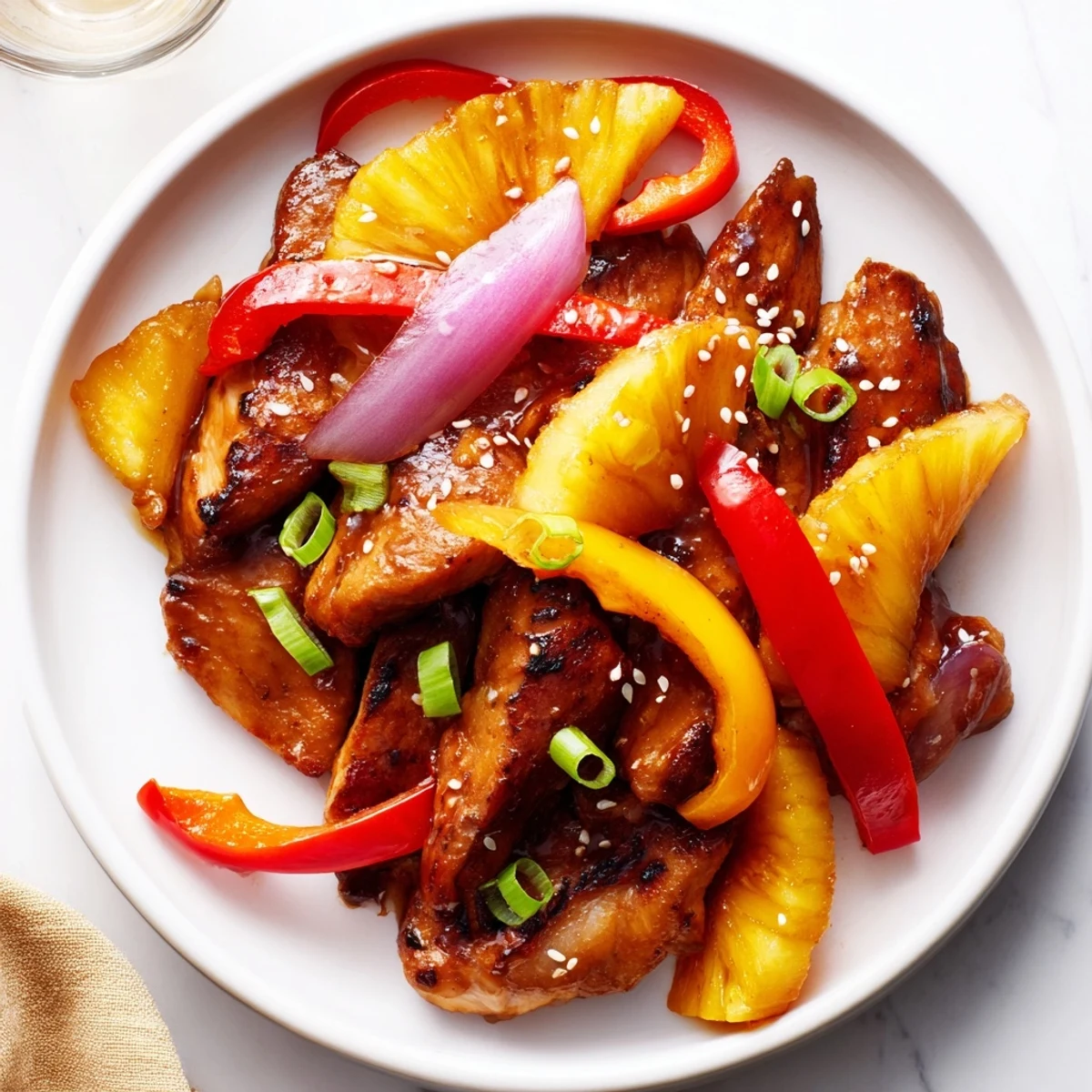Juicy Hawaiian chicken thighs coated in glossy sweet tangy sauce beside colorful stir-fried peppers