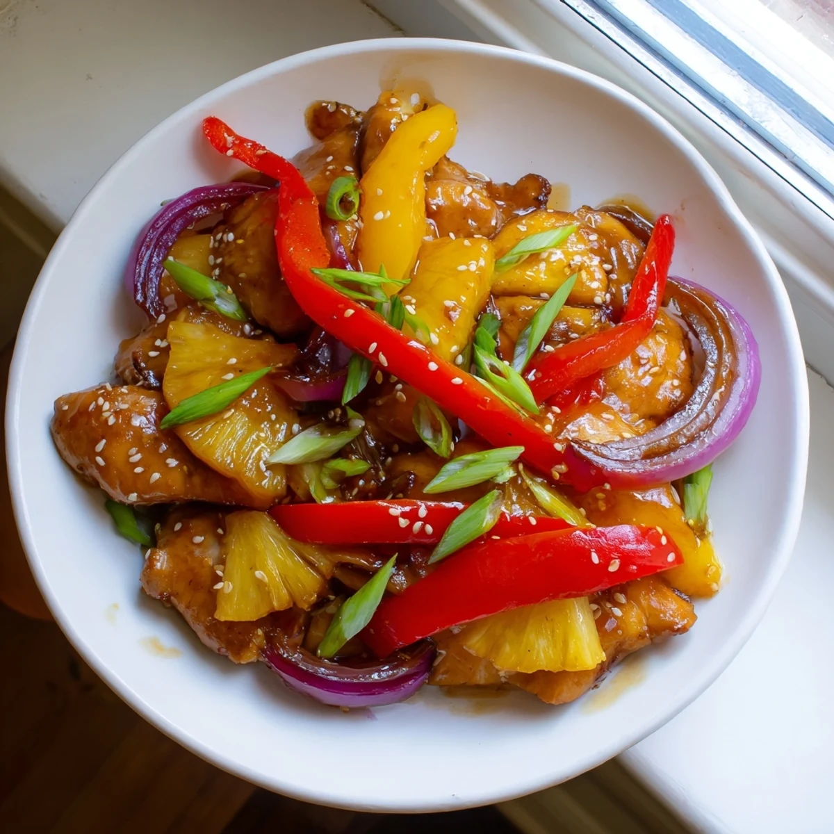 Tender caramelized Hawaiian chicken nestled with vibrant bell peppers pineapple chunks and sesame garnish