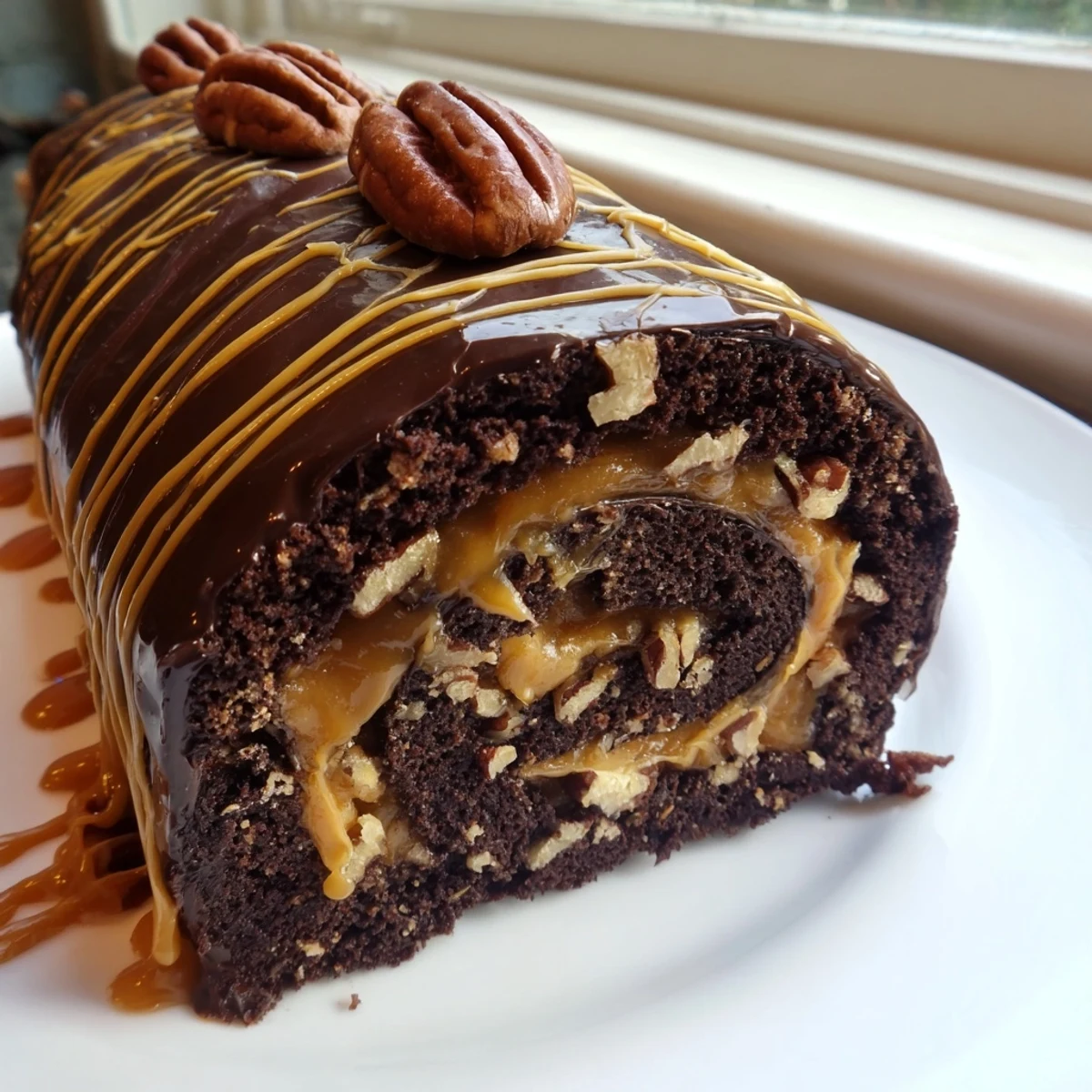 Gooey Chocolate Caramel Turtle Cake Roll sliced and drizzled with rich ganache on a rustic platter
