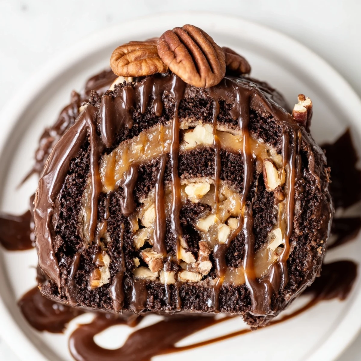 Swirled chocolate sponge of this Gooey Chocolate Caramel Turtle Cake Roll topped with crunchy pecan halves