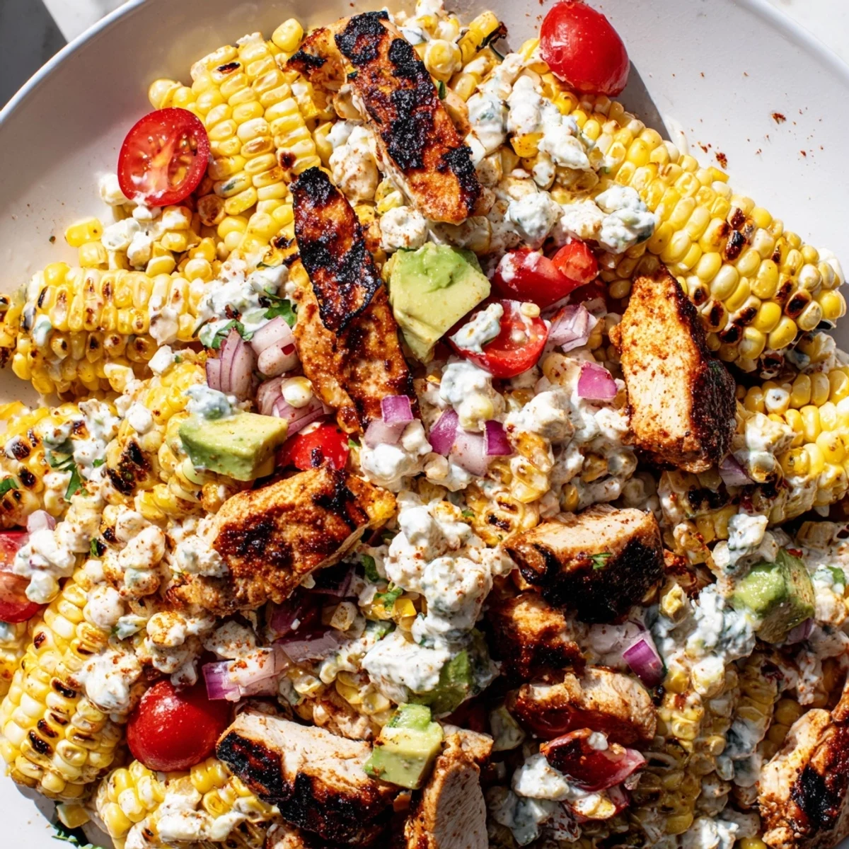 Colorful High Protein Chicken Street Corn Salad topped with crumbled cotija cheese and fresh cilantro