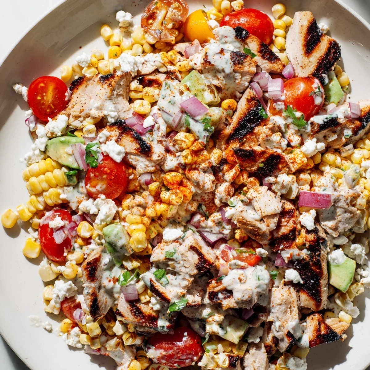 Grilled chicken slices nestled over charred corn and creamy lime dressing in this High Protein Chicken Street Corn Salad