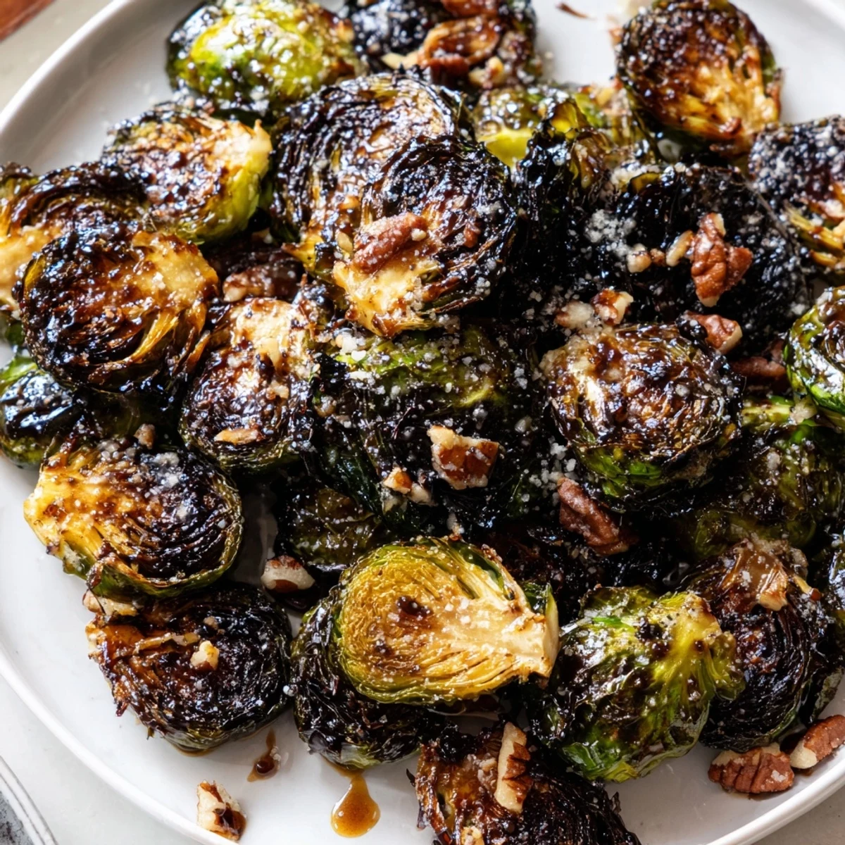 Crispy honey balsamic Brussels sprouts roasted golden with a shiny caramelized glaze on parchment paper