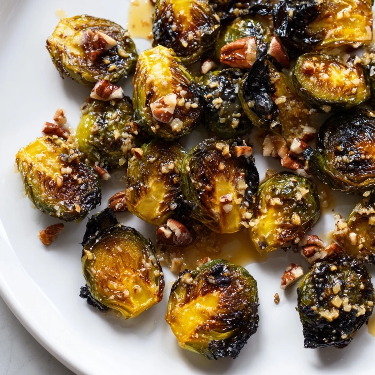 Honey balsamic Brussels sprouts glistening with sweet glaze and topped with toasted pecans