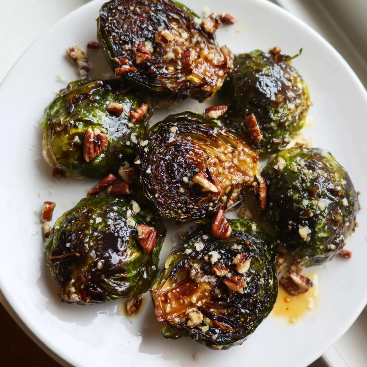 Perfectly charred honey balsamic Brussels sprouts served warm in a rustic white bowl