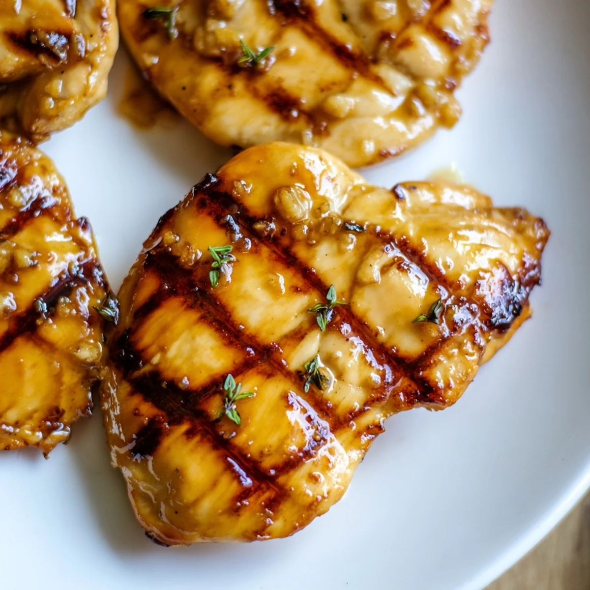 Golden Maple Dijon grilled chicken with charred marks served on a rustic plate