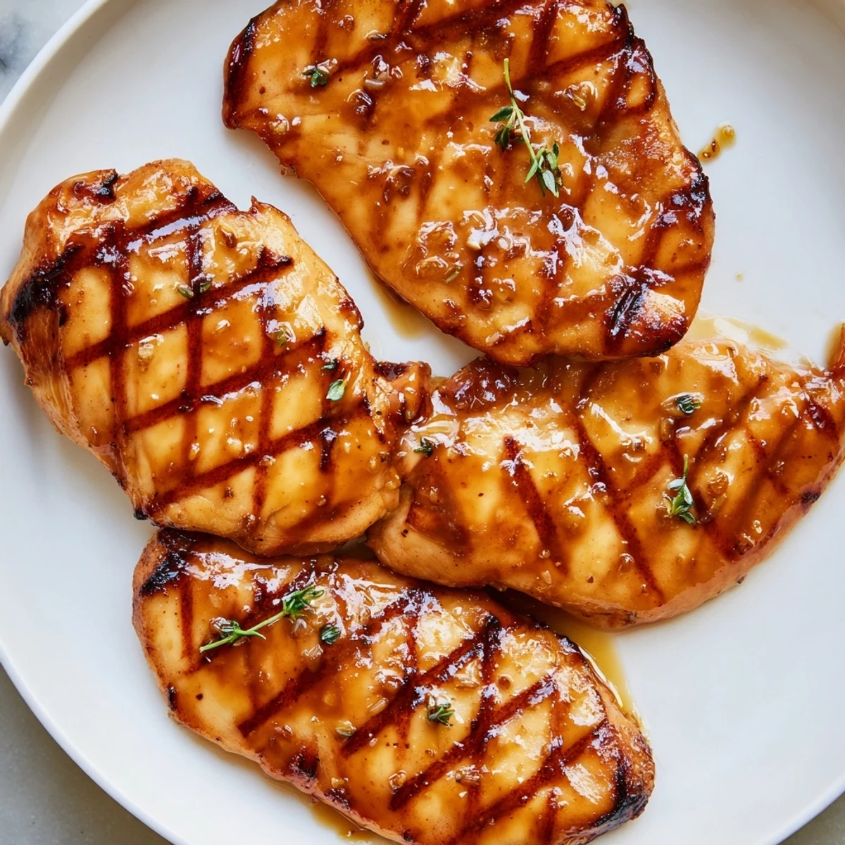 Maple Dijon grilled chicken drizzled with glossy sauce alongside fresh herbs and vegetables