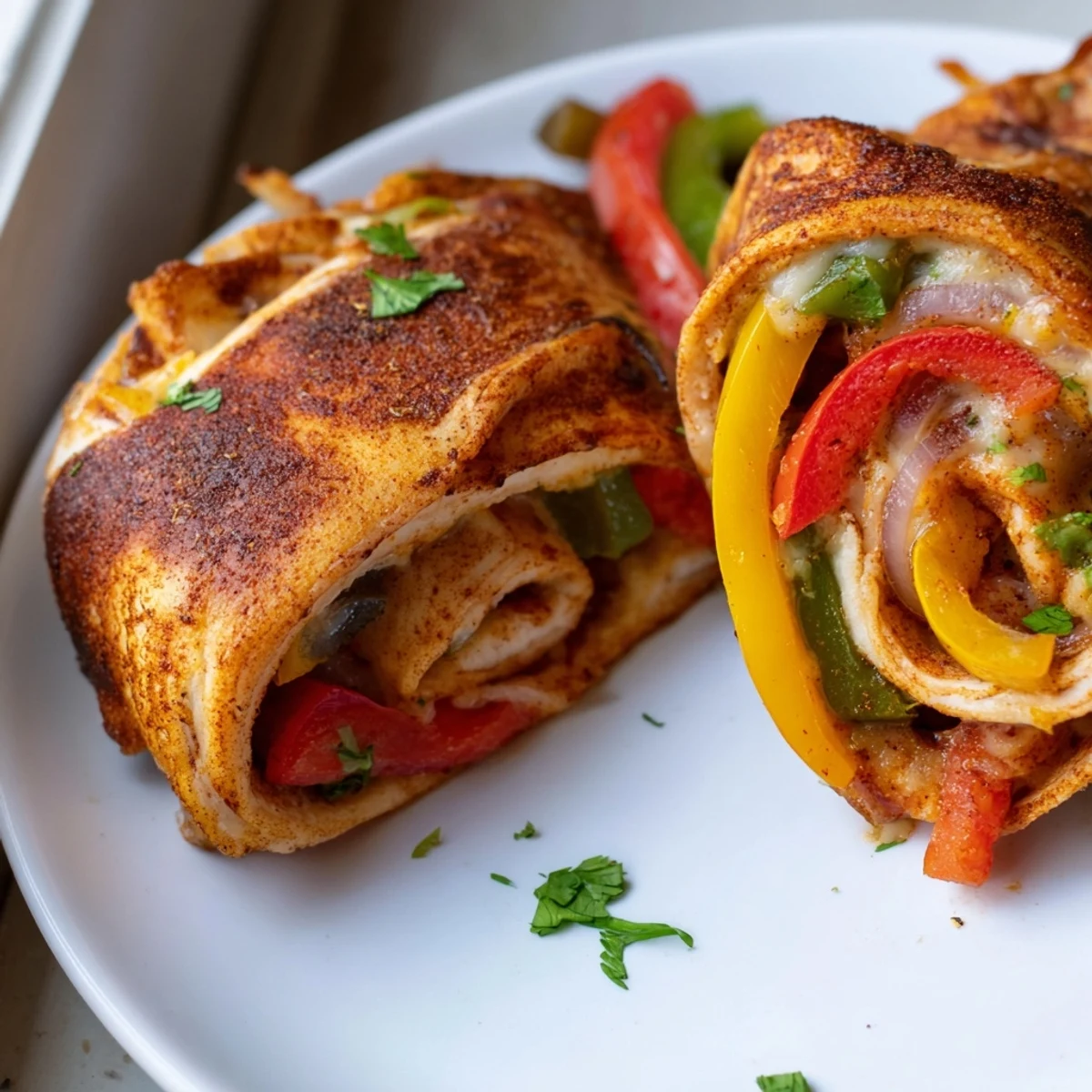 Golden baked chicken fajita roll ups with bubbling Monterey Jack and colorful bell peppers on a ceramic dish