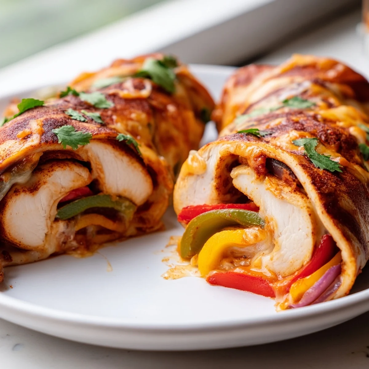 Juicy baked chicken fajita roll ups sliced open to reveal tender peppers and melted cheese inside