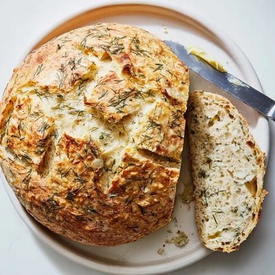 Rustic No Knead Dill Gouda Artisan Bread loaf cooling on a rack with visible dill flecks and melted cheese swirls.