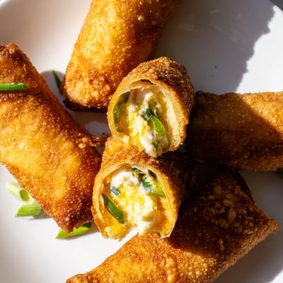 Freshly fried Mini Jalapeño Popper Egg Rolls resting on a wire rack, steam rising from the hot, spicy, and cheesy filling inside the crunchy wrappers.