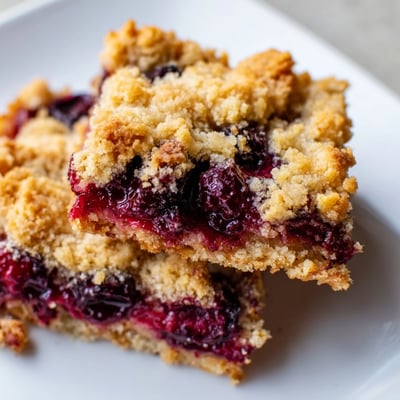 Freshly baked Cherry Crumble Bars on a rustic wooden board, showing a crumbly oat topping and glossy cherry layer.